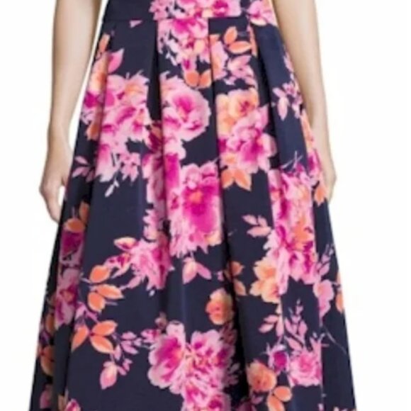 Navy Blue Ankle Length Skirt with Pink Flowers Eliza J - Picture 1 of 3
